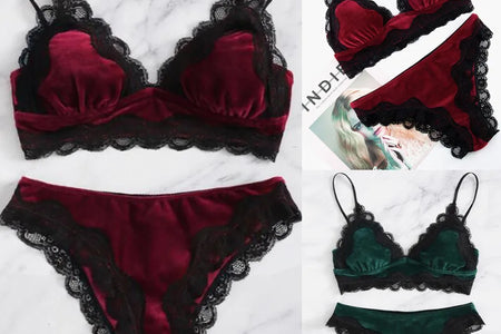 Solid Comfy Velvet Lingeries for Women Floral Lace Gathered Bras and Thong Set 2Pcs Seductive Lingerie Sexy Sleepwear Pajama Set