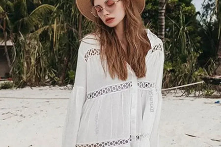 Women Swimsuit Cover Ups Mandarin Sleeve Kaftan Beach Tunic Dress Robe De Plage Solid White Pareo Beach Cover-Ups #Q429