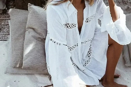 Women Swimsuit Cover Ups Mandarin Sleeve Kaftan Beach Tunic Dress Robe De Plage Solid White Pareo Beach Cover-Ups #Q429